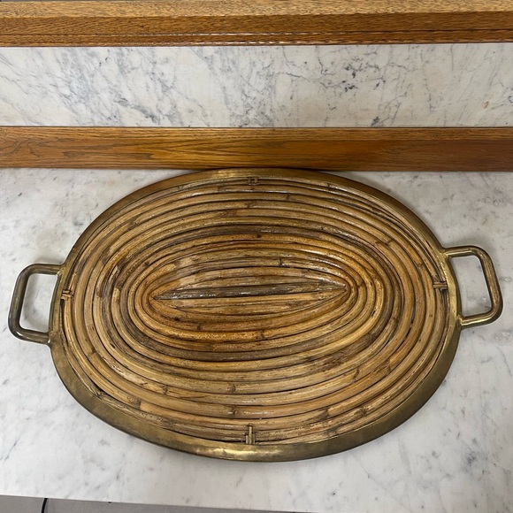 Mcm Italian pencil reed & brass oval serving tray, in style of Gabriella Crespi